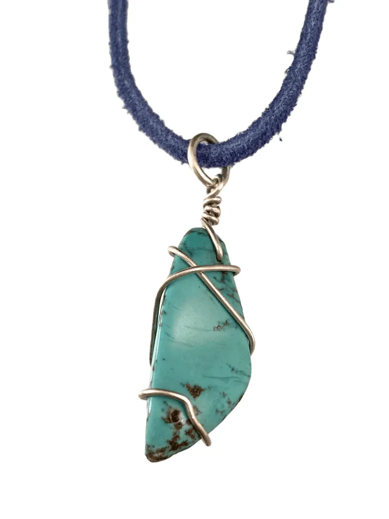 16" Turquoise Wrapped Nugget on Blue Suede Necklace