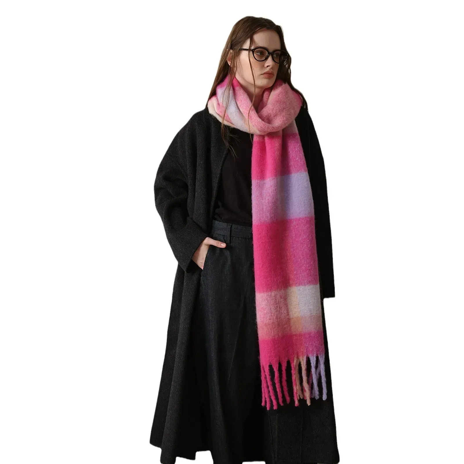 Autumn Winter Warm Thick Long Plaid Coarse Tassel Imitation Cashmere Scarf