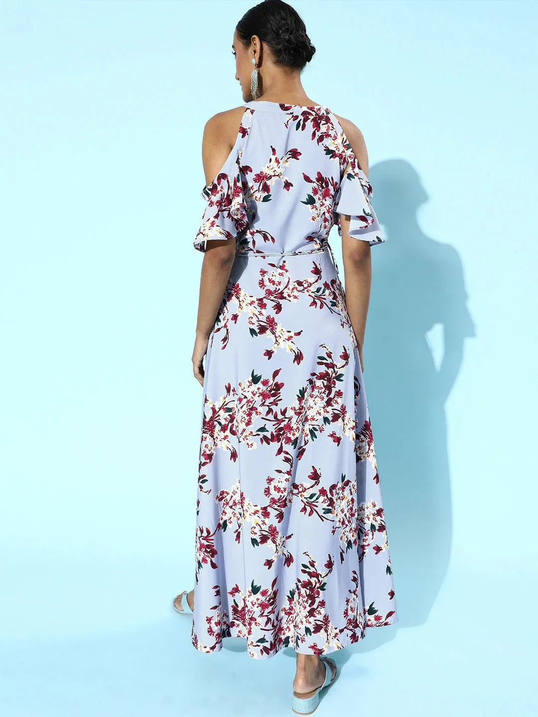 Berrylush Women Blue & Maroon Floral Printed V-Neck Cold-Shoulder Waist Tie-Up Flared Maxi Dress