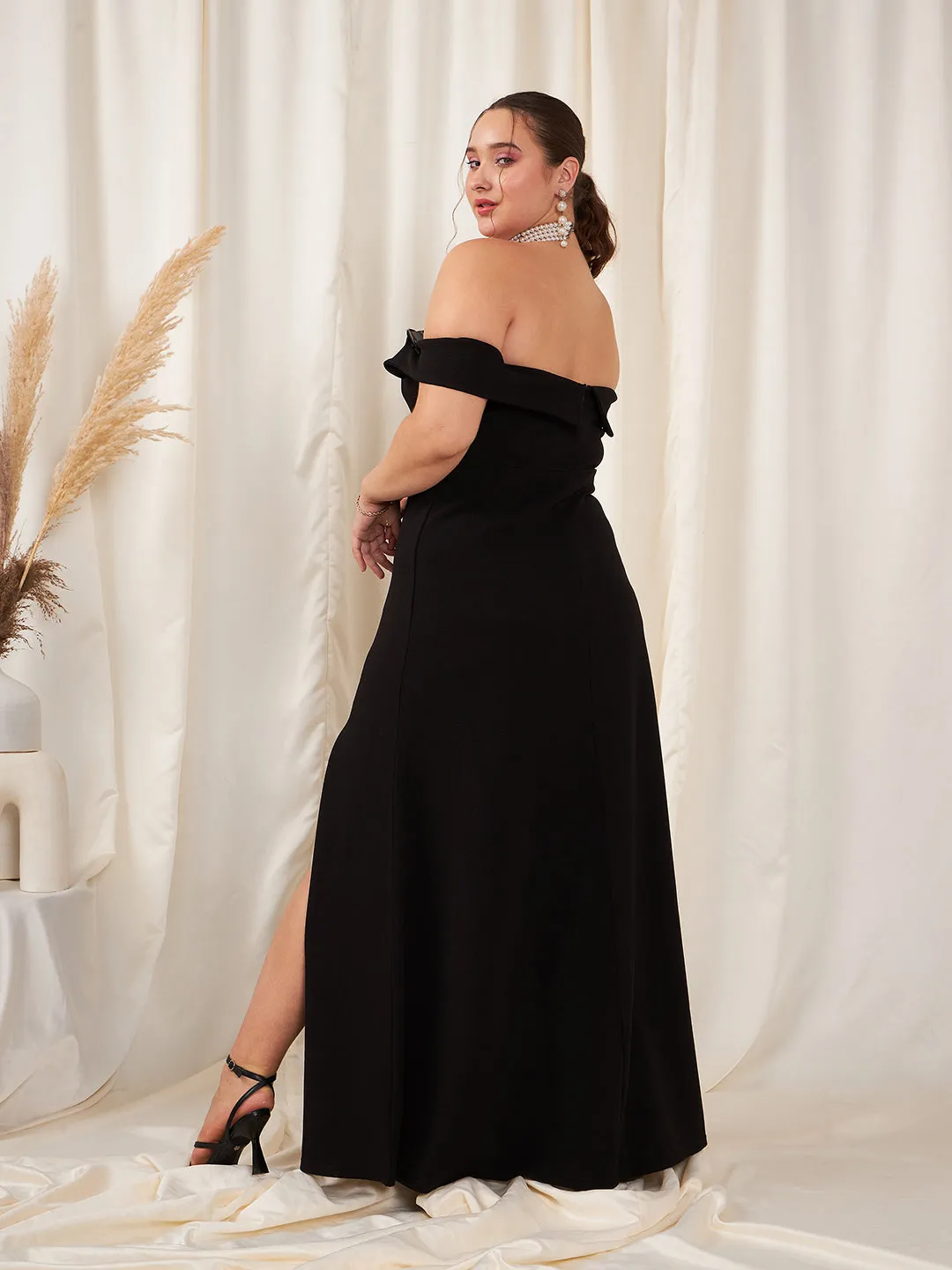 Berrylush Women Plus Size Solid Black Off-Shoulder Neck Three-Quarter Sleeve Thigh-High Slit Flared Maxi Dress