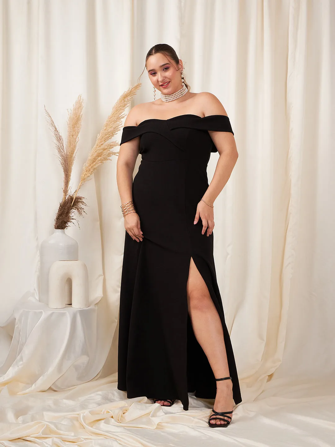 Berrylush Women Plus Size Solid Black Off-Shoulder Neck Three-Quarter Sleeve Thigh-High Slit Flared Maxi Dress