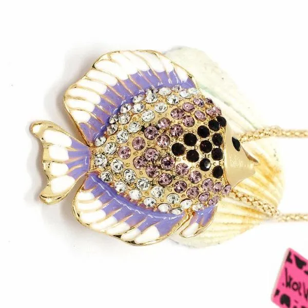 Betsey Johnson Tropical Fish Purple & White Enamel Necklace