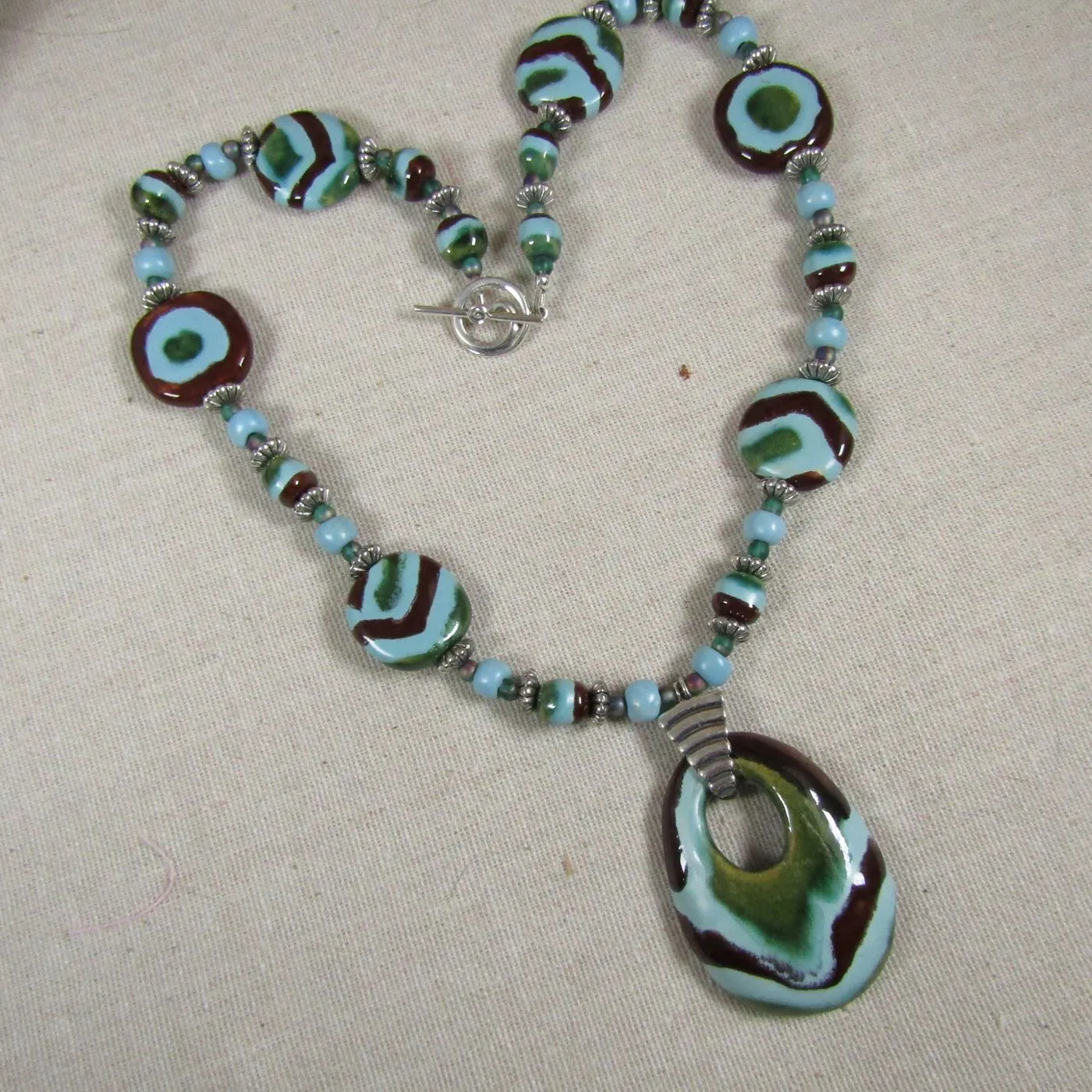 Big Kazuri Pendant Necklace Aqua & Brown Fair Trade Beads