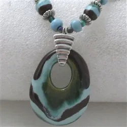 Big Kazuri Pendant Necklace Aqua & Brown Fair Trade Beads