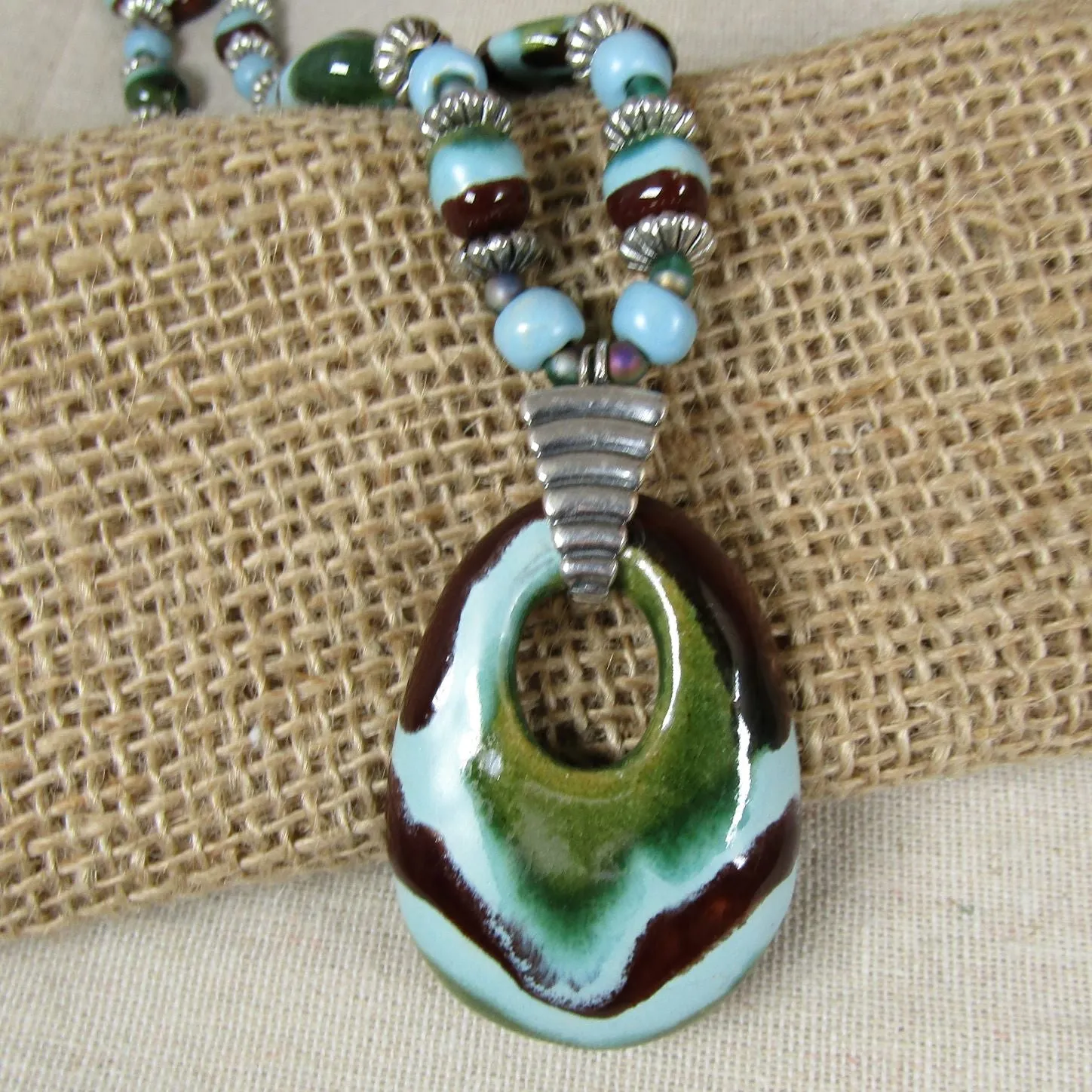 Big Kazuri Pendant Necklace Aqua & Brown Fair Trade Beads