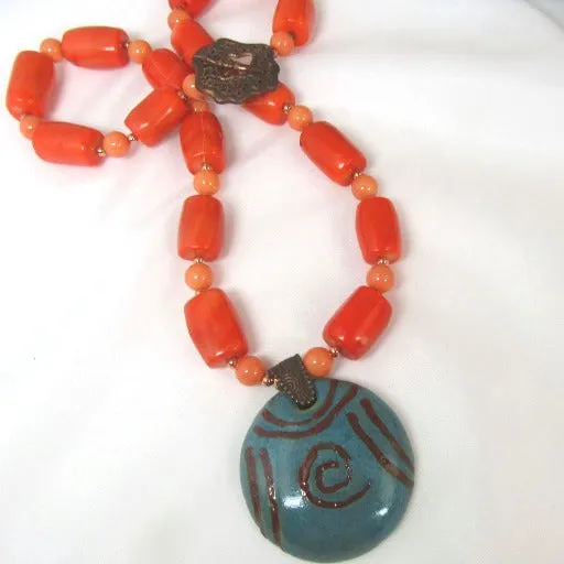 Big Turquoise Handmade  Fair Trade Kazuri Pendant  Necklace