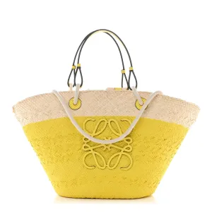 Calfskin Raffia Paulas Ibiza Medium Anagram Basket Tote Bag Natural Lemon