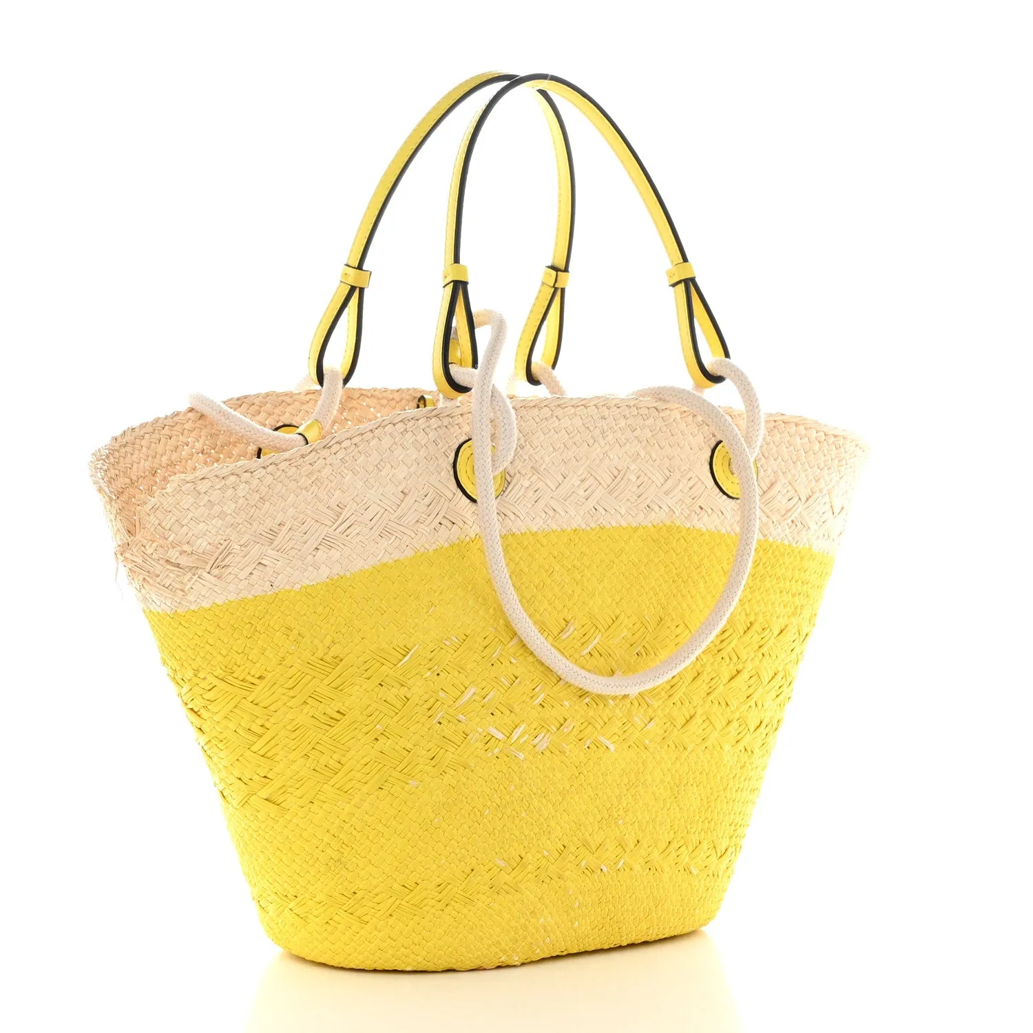 Calfskin Raffia Paulas Ibiza Medium Anagram Basket Tote Bag Natural Lemon