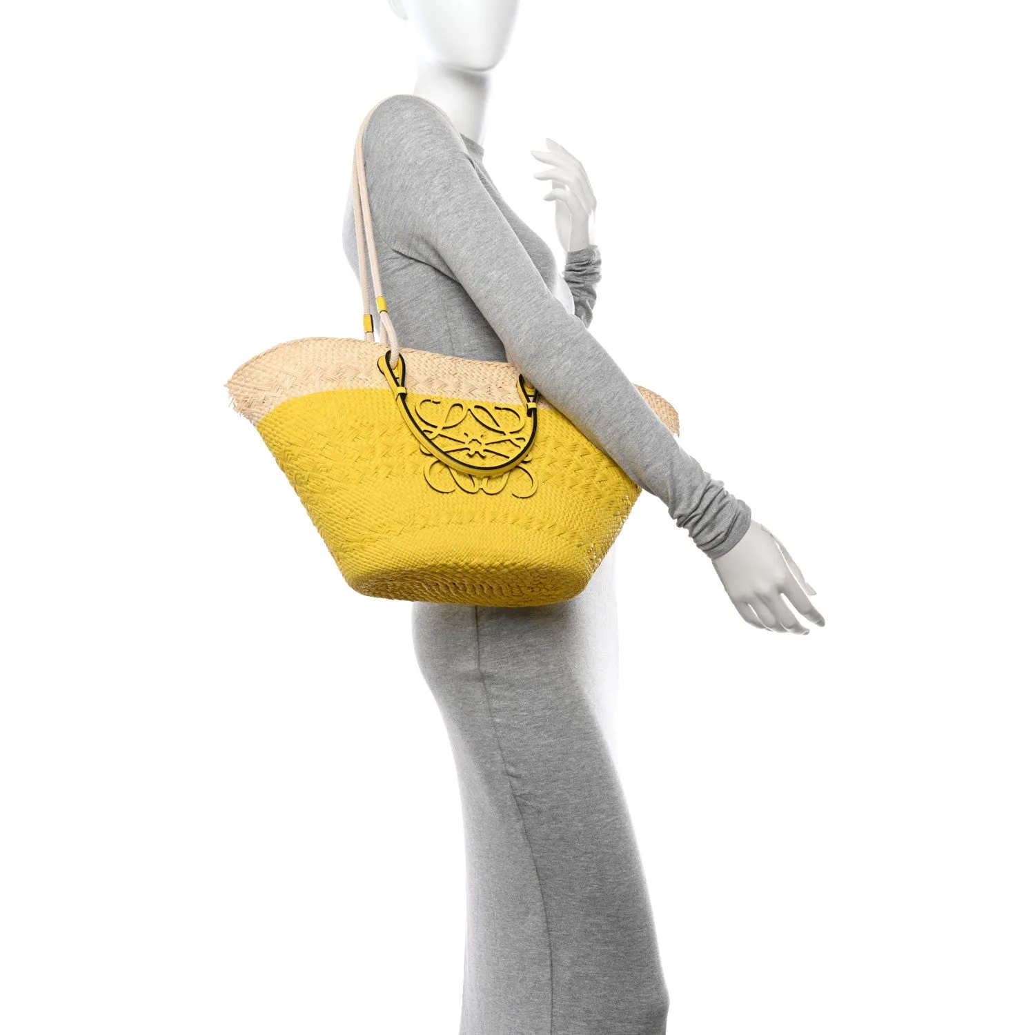 Calfskin Raffia Paulas Ibiza Medium Anagram Basket Tote Bag Natural Lemon