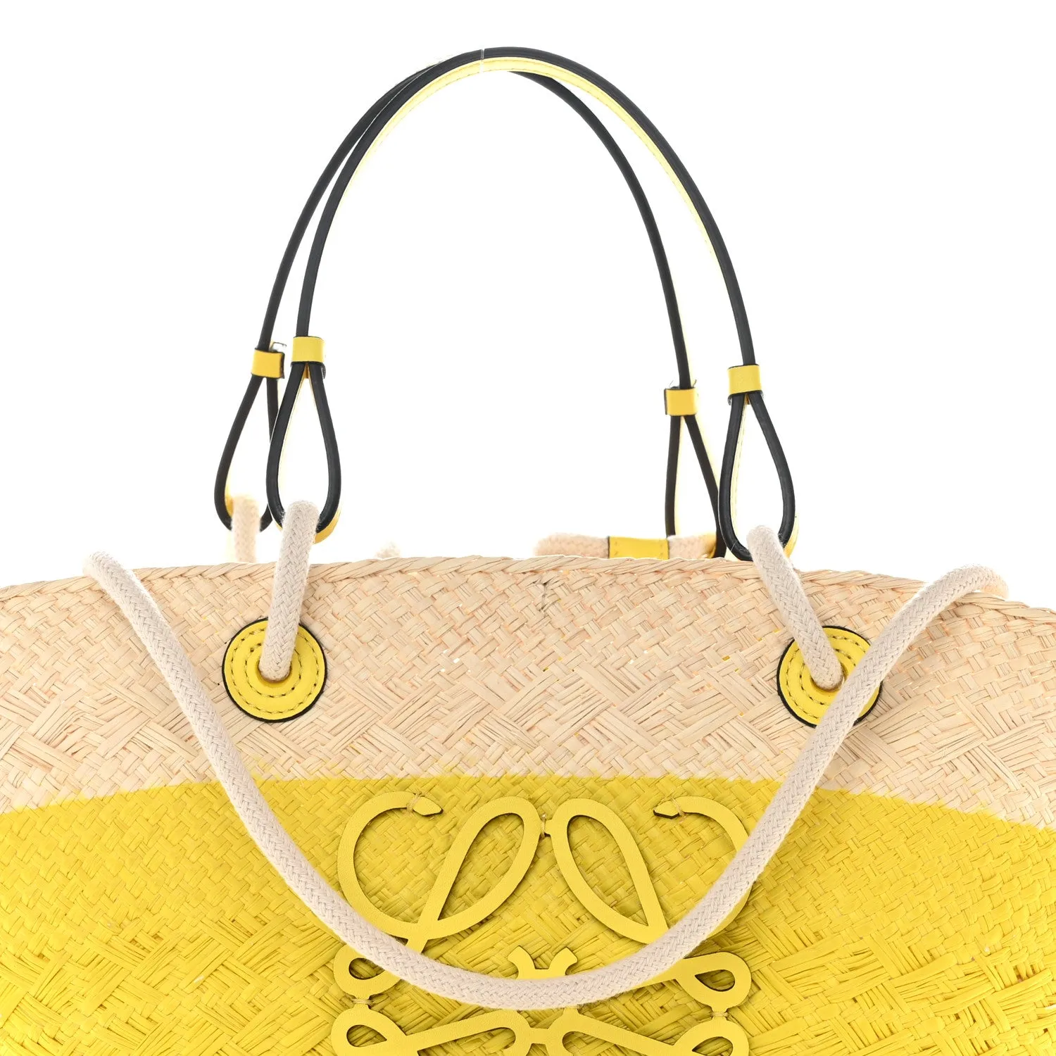 Calfskin Raffia Paulas Ibiza Medium Anagram Basket Tote Bag Natural Lemon