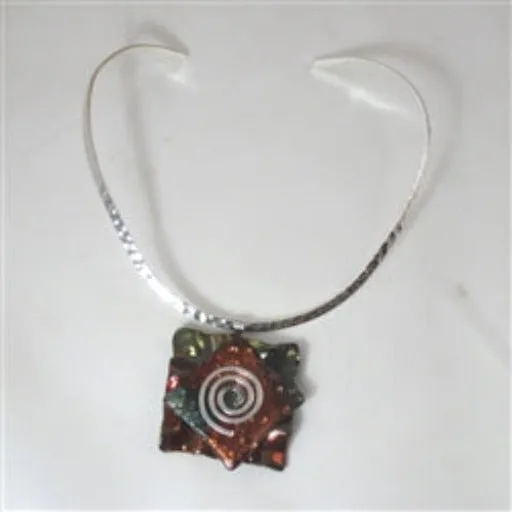 Choker Handmade Rich Gold & Copper Raku Pendant  Silver Neck Wire