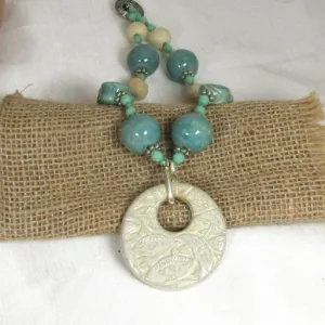 Cream Swazi Pendant on Handmade Artisan Bead Necklace