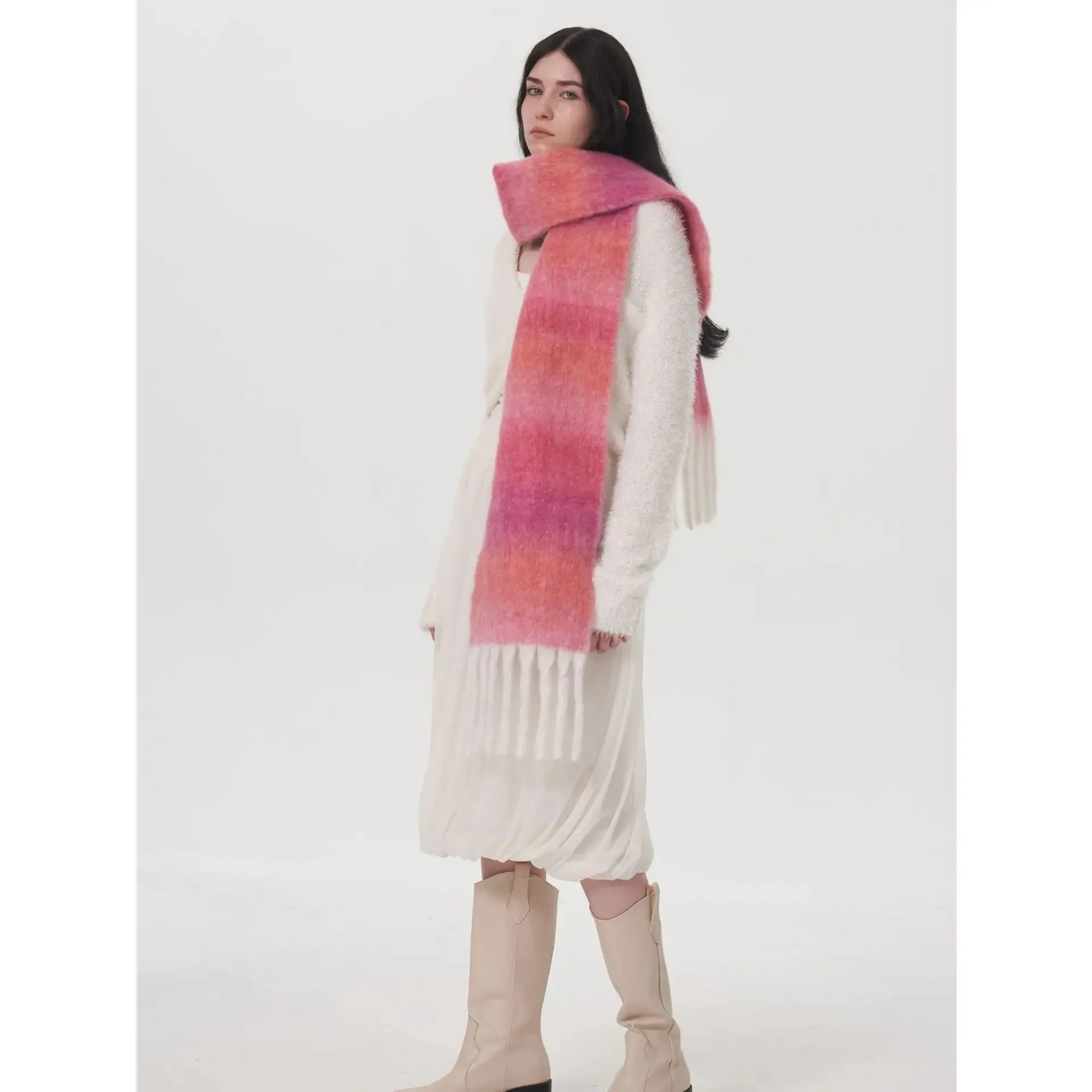 Design Light Luxury Models Gradient Color Wool Striped Fringed Mohair Scarf