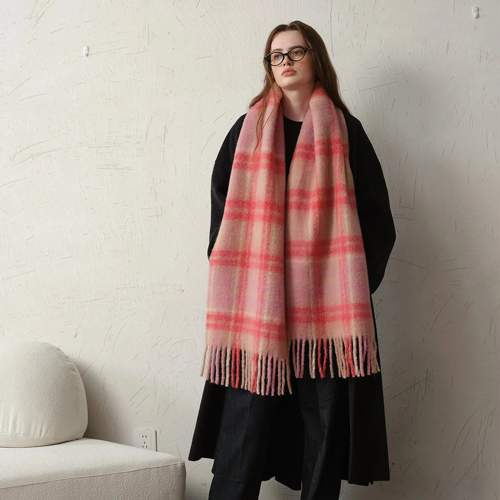 Design Wool Scarf Women Winter Elegant Minimalist Thickened Pink Plaid Scarf