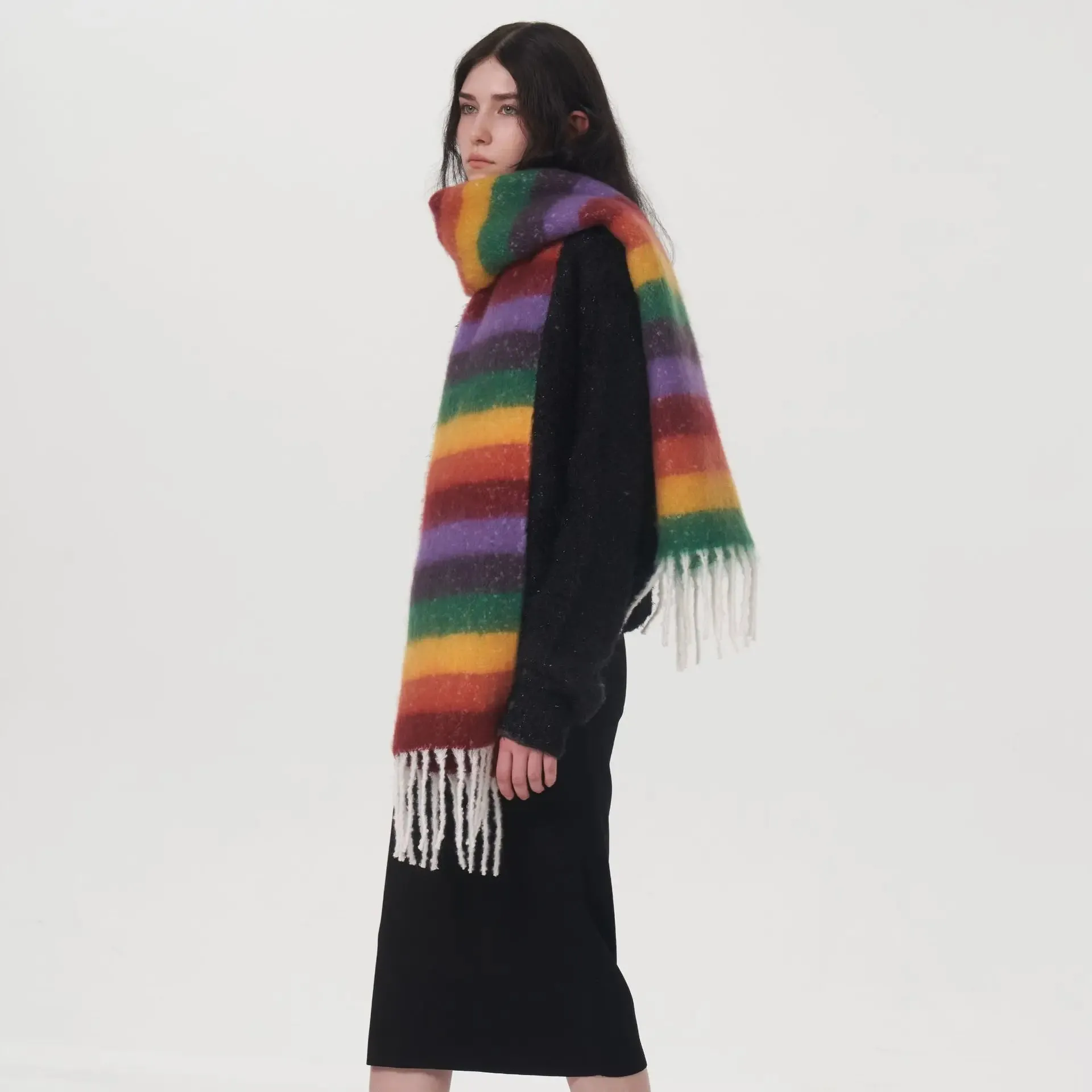 Designer Style Rainbow Striped Autumn Winter Warm Thick Muffler Scarf