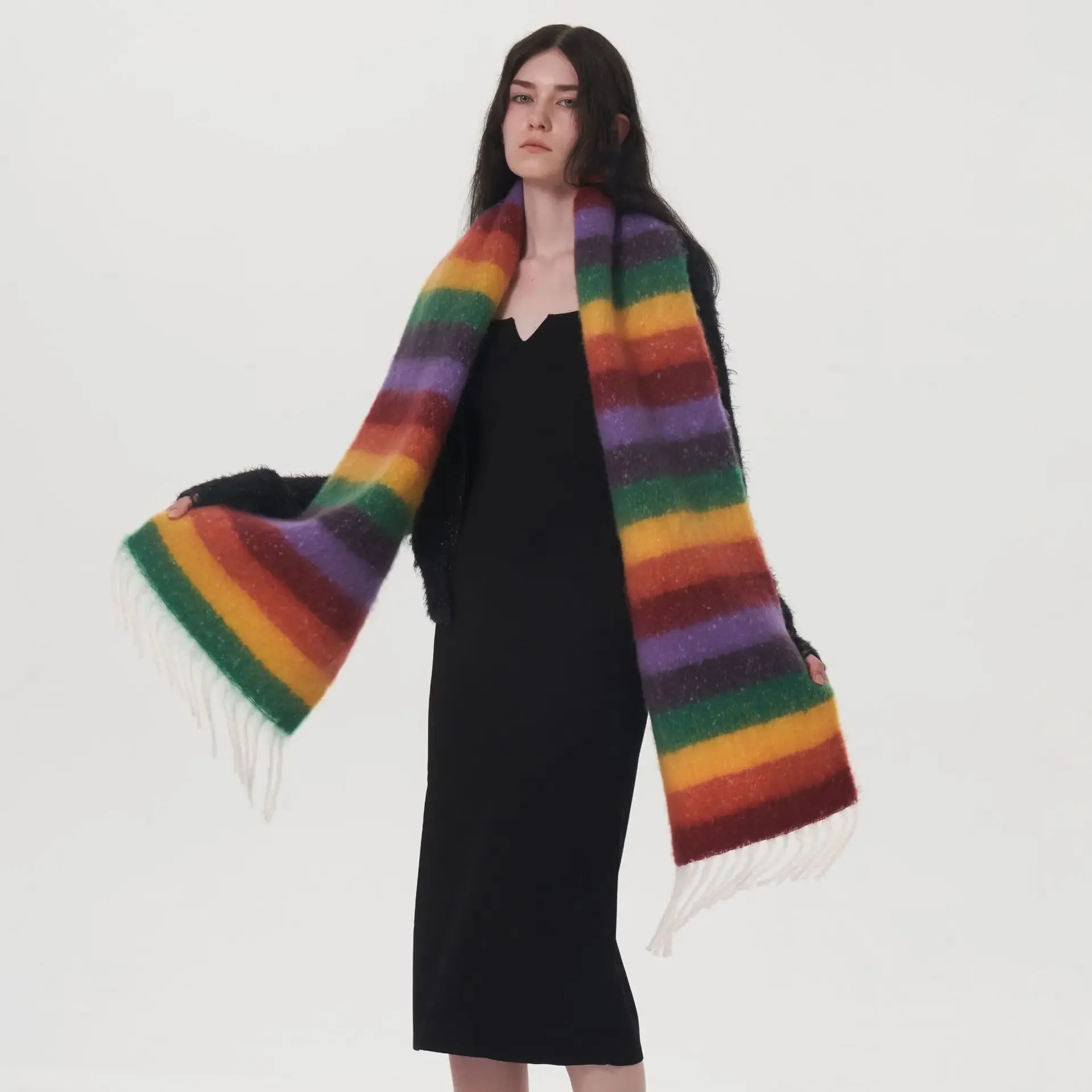 Designer Style Rainbow Striped Autumn Winter Warm Thick Muffler Scarf