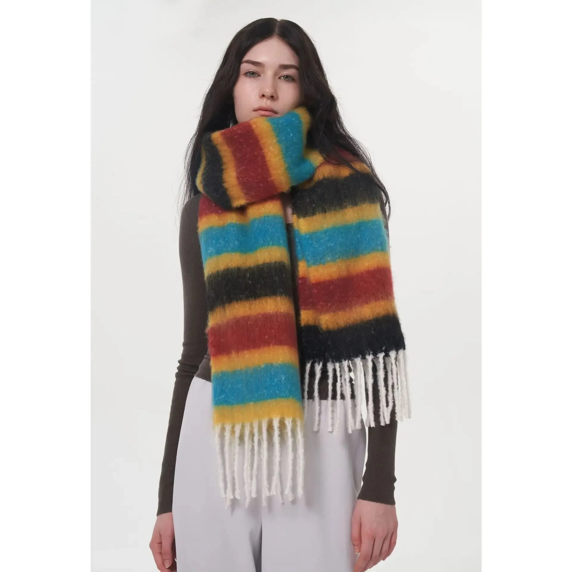 Designer Style Rainbow Striped Autumn Winter Warm Thick Muffler Scarf