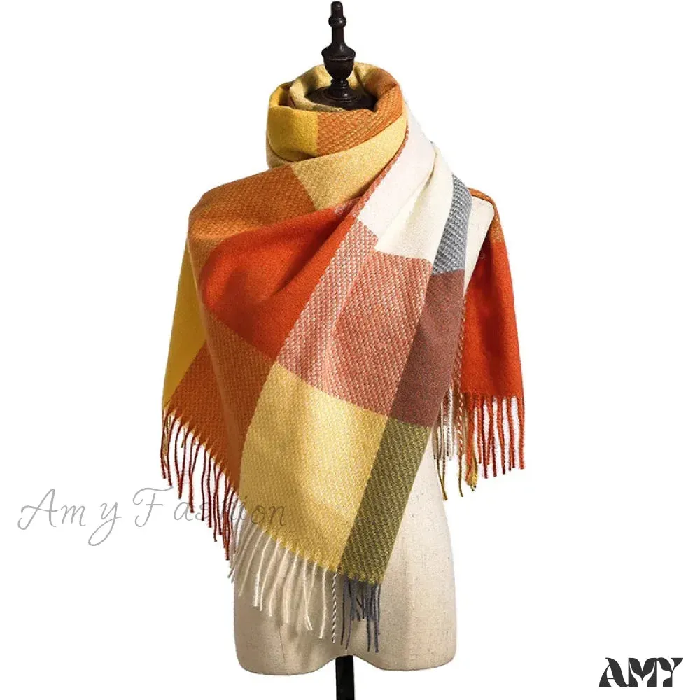 Elegant Lady Style Cashmere Tassel Luxury Scarf - Autumn Winter Striped Plaid