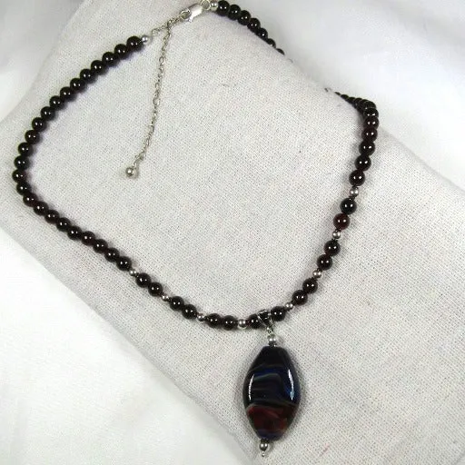 Garnet Gemstone Necklace with Black Swirled Artisan Bead Pendant