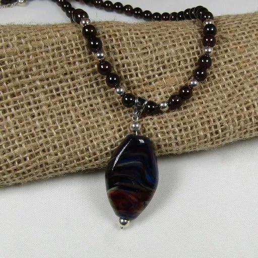 Garnet Gemstone Necklace with Black Swirled Artisan Bead Pendant