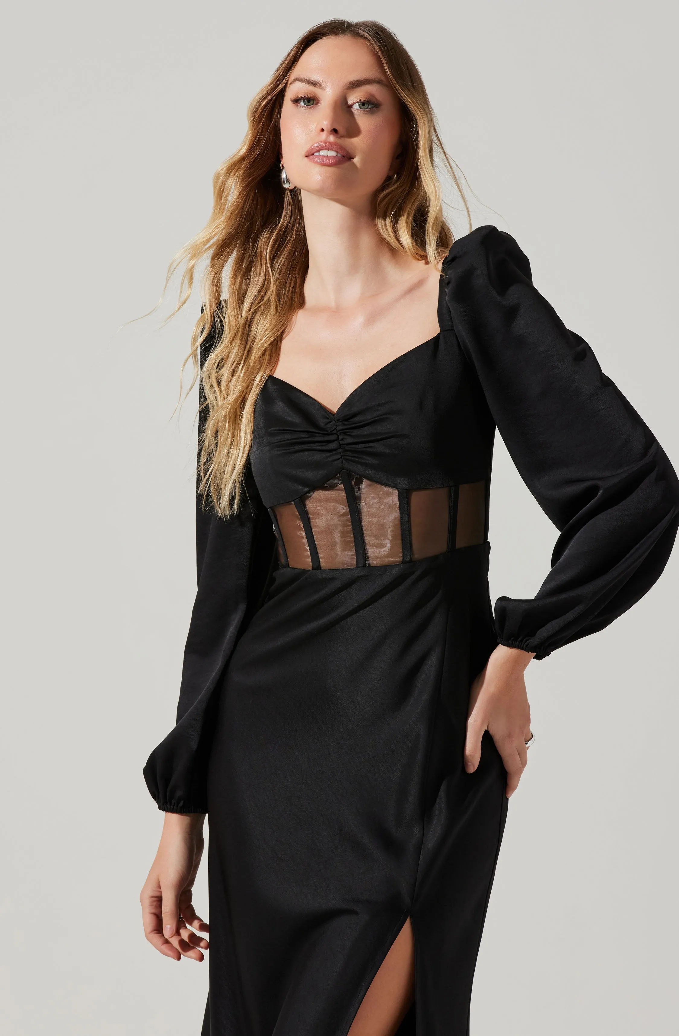 Gianna Contrast Mesh Long Sleeve Midi Dress