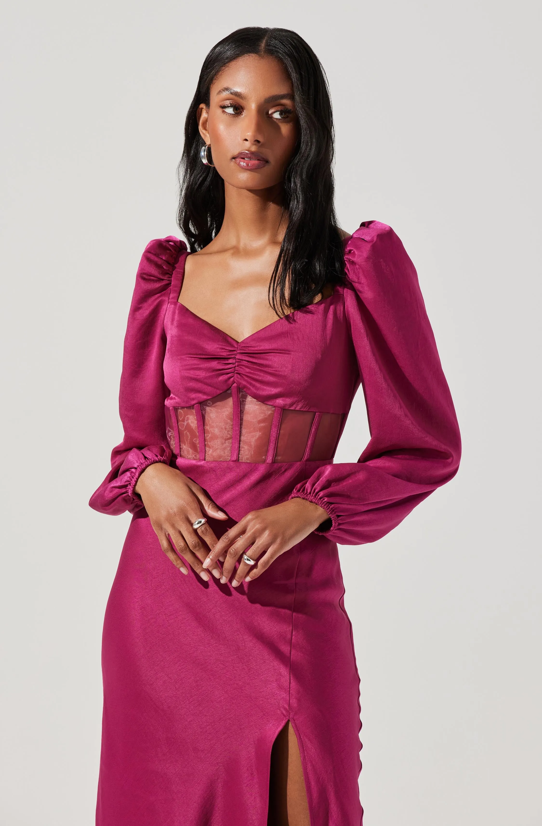 Gianna Contrast Mesh Long Sleeve Midi Dress