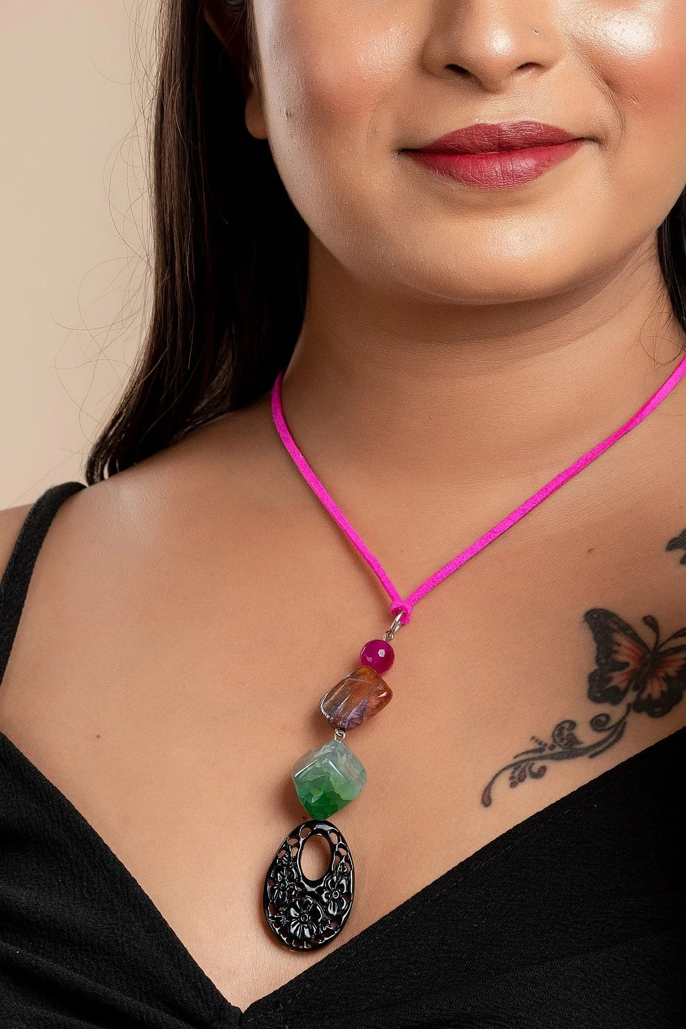 Handcrafted Agate Onyx Necklace with Pink Suede Cord - Lightweight Stylish Neckpiece for Women