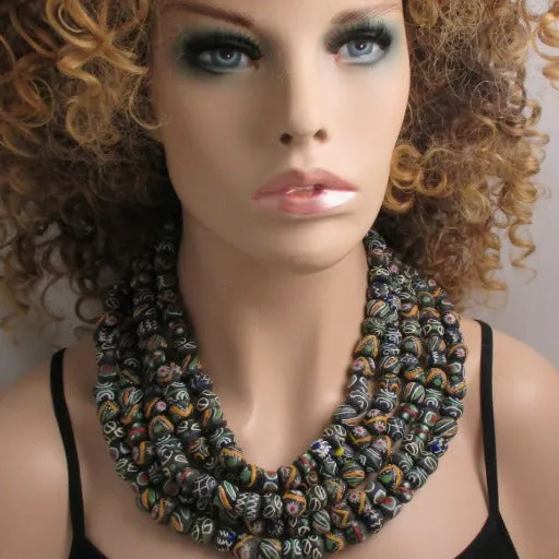 Handmade African Trade Beads Black Statement  Necklace Five Strand