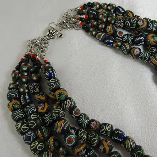 Handmade African Trade Beads Black Statement  Necklace Five Strand