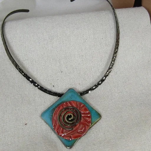 Handmade Coral & Turquoise Raku Glazed Pendant on Gunmetal Choker