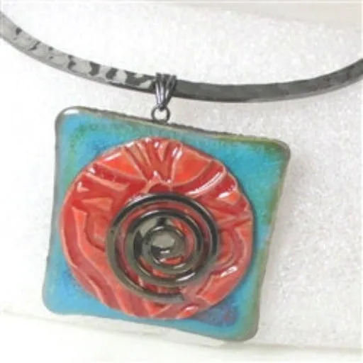 Handmade Coral & Turquoise Raku Glazed Pendant on Gunmetal Choker