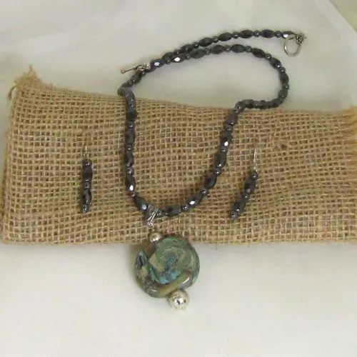 Hematite & Handmade Artisan Pendant Necklace & Earrings