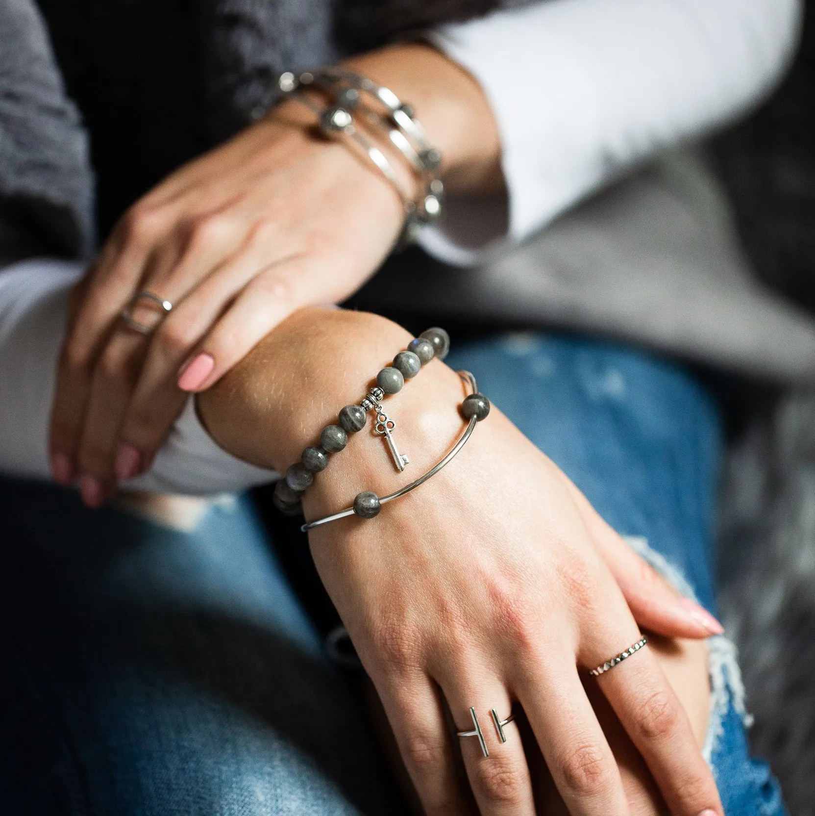 Horseshoe | Stone Beaded Charm Bracelet | Onyx