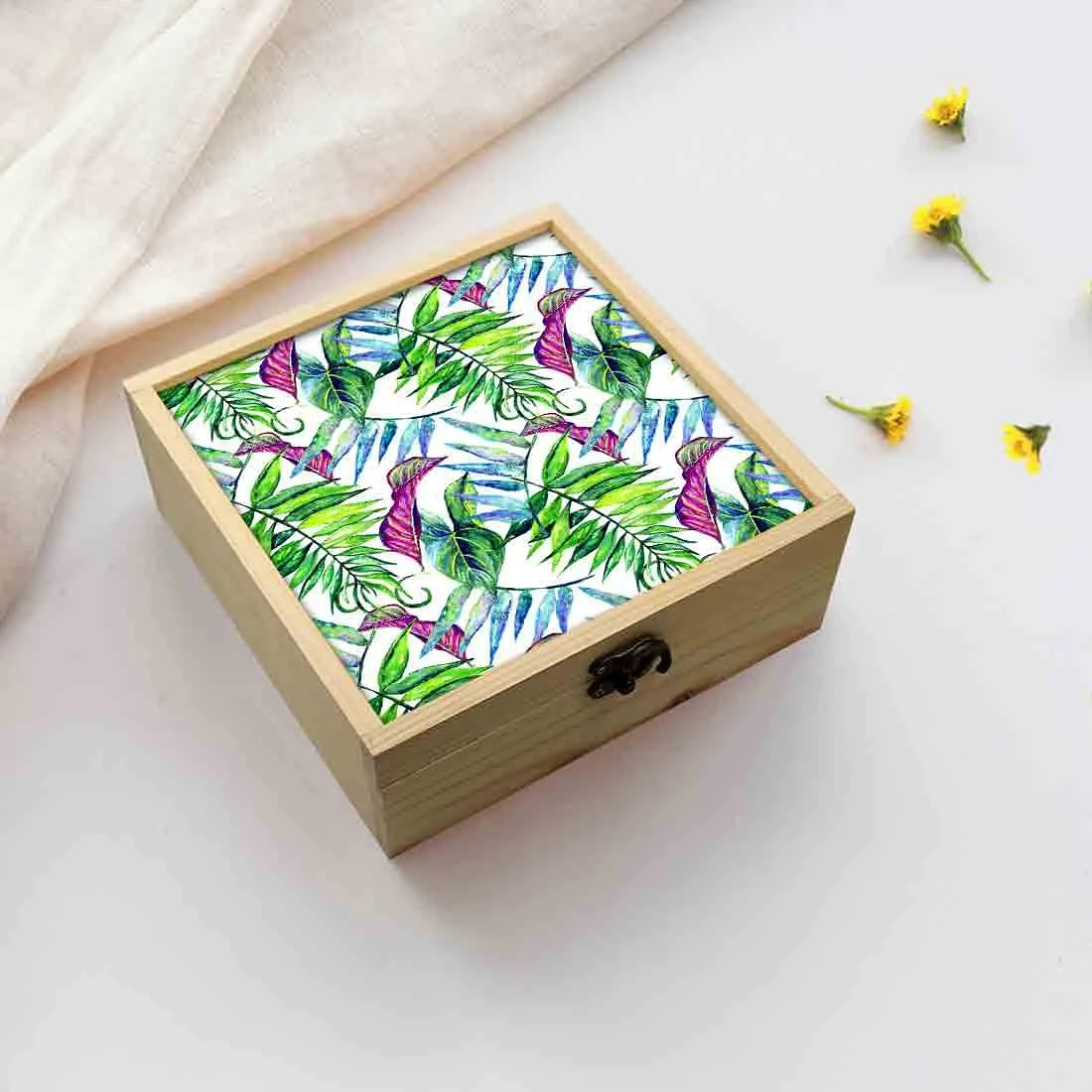 Jewellery Box Wooden Jewelry Organizer -  Green And Purple Tropical Leaf