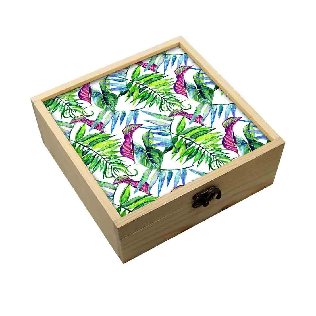 Jewellery Box Wooden Jewelry Organizer -  Green And Purple Tropical Leaf