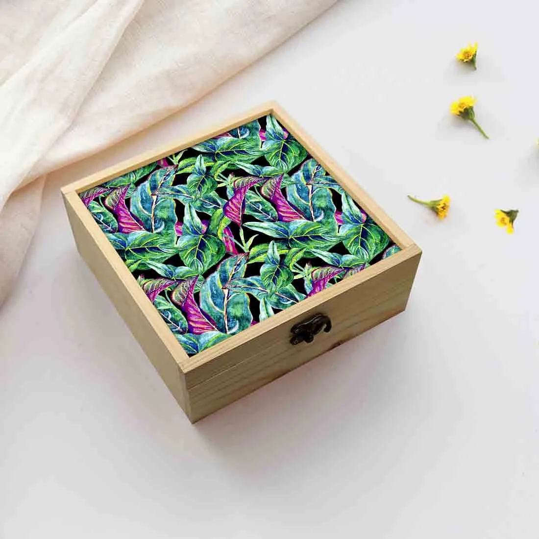 Jewellery Box Wooden Jewelry Organizer -  Green Black Tropical Leaf