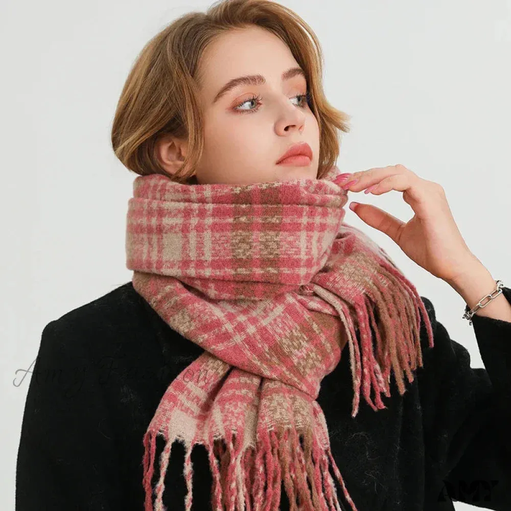 Korean Style Plaid Cashmere Pashmina Wrap Scarf - Winter Warm and Thick