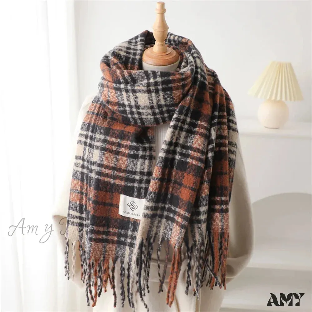 Korean Style Plaid Cashmere Pashmina Wrap Scarf - Winter Warm and Thick