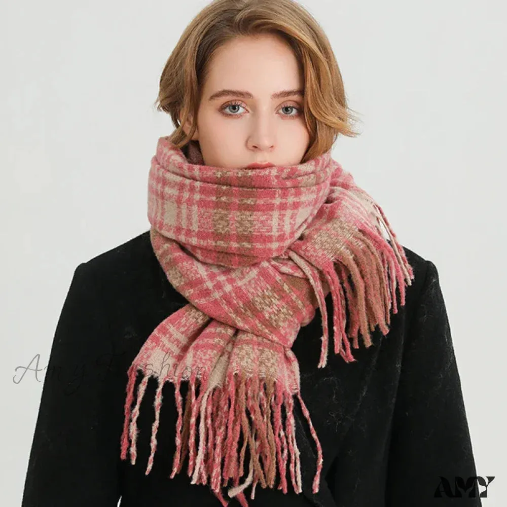 Korean Style Plaid Cashmere Pashmina Wrap Scarf - Winter Warm and Thick