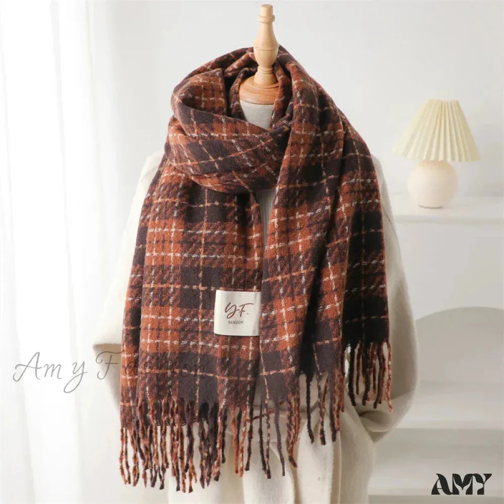 Korean Style Plaid Cashmere Pashmina Wrap Scarf - Winter Warm and Thick