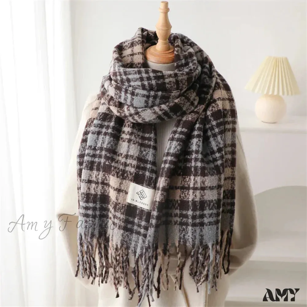 Korean Style Plaid Cashmere Pashmina Wrap Scarf - Winter Warm and Thick