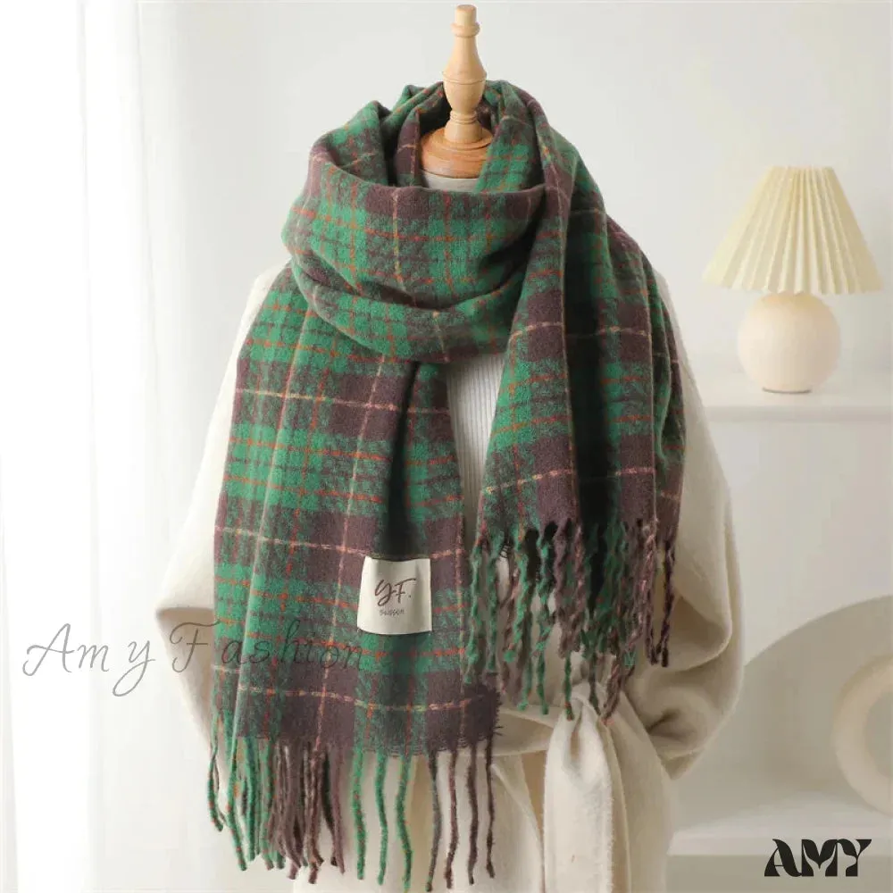 Korean Style Plaid Cashmere Pashmina Wrap Scarf - Winter Warm and Thick