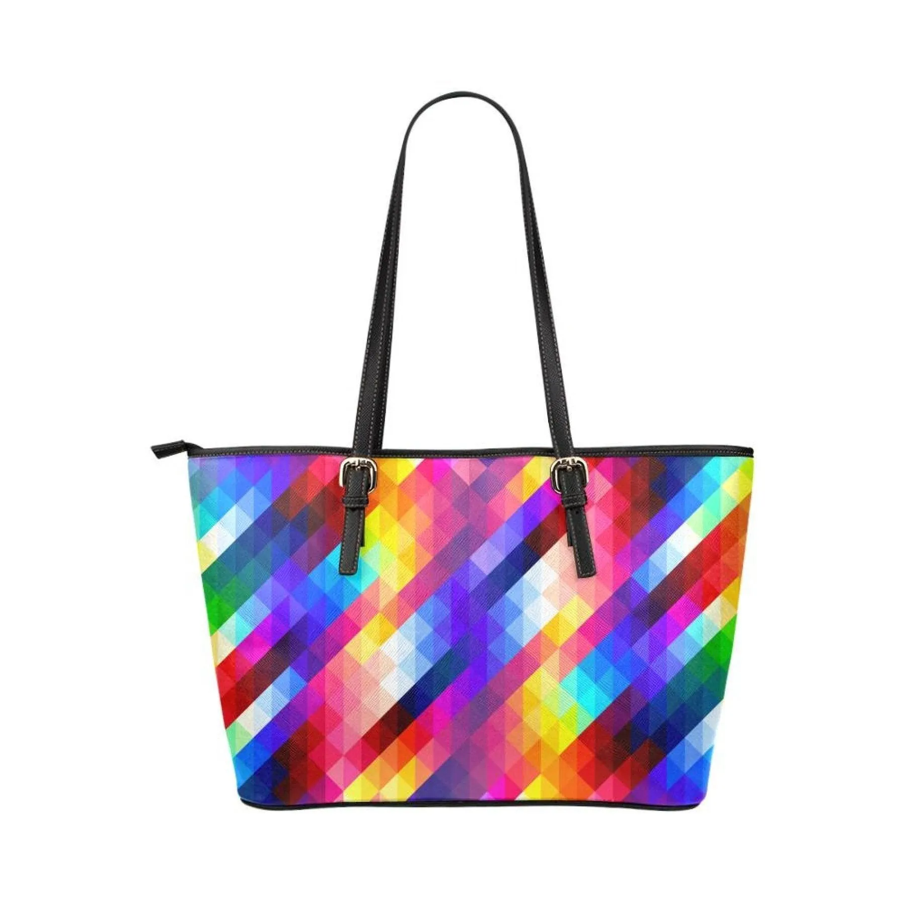 Large Leather Tote Shoulder Bag - Multicolor Grid Illustration