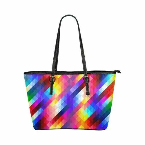 Large Leather Tote Shoulder Bag - Multicolor Grid Illustration