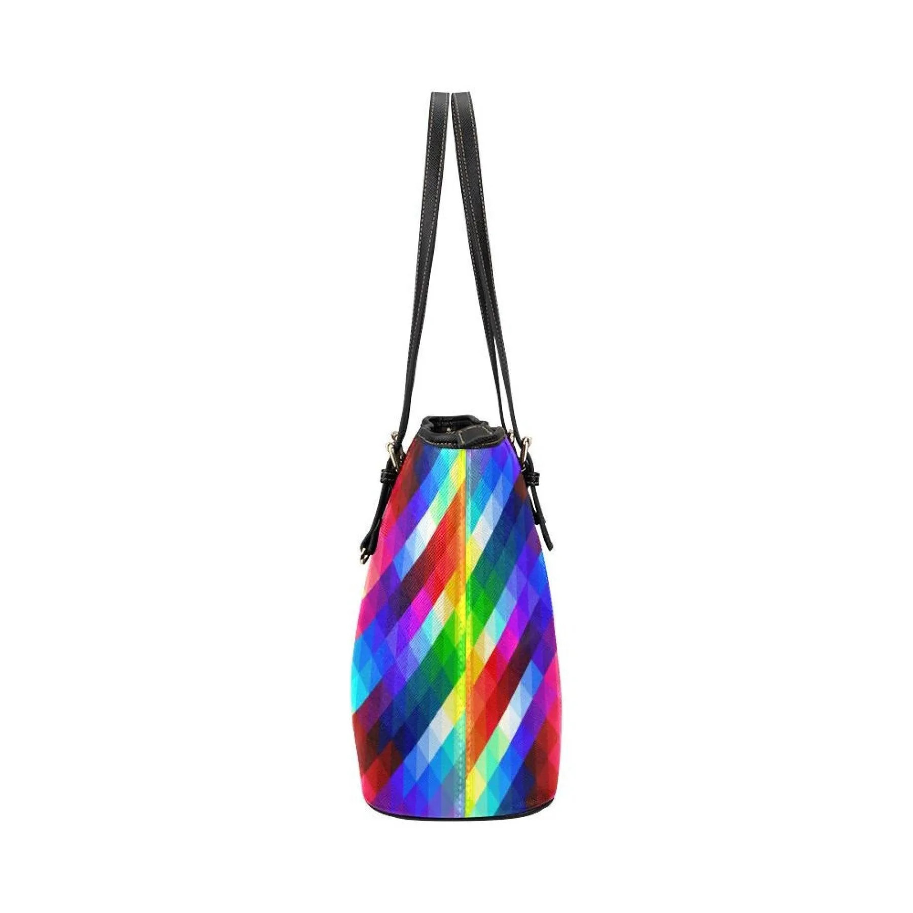 Large Leather Tote Shoulder Bag - Multicolor Grid Illustration