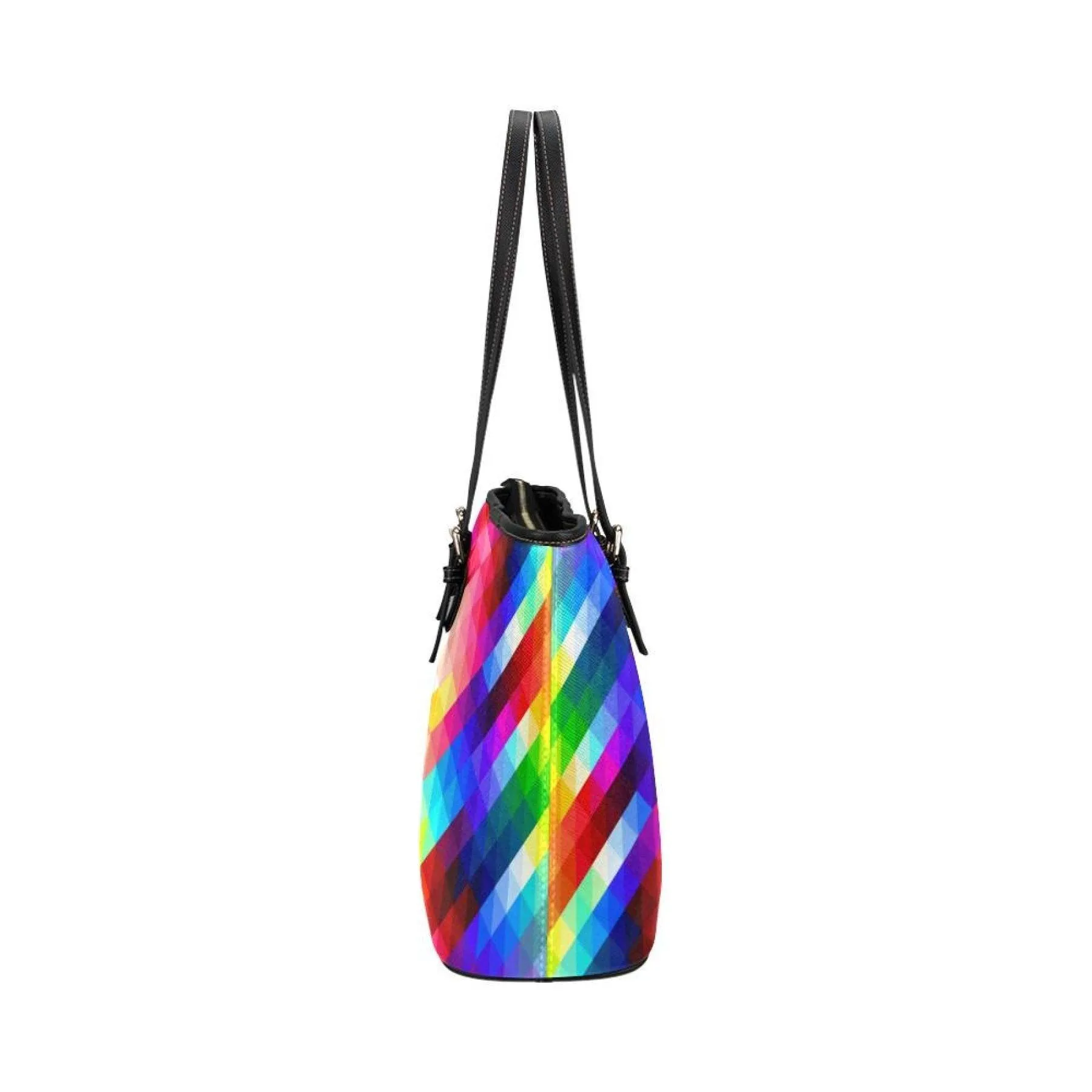 Large Leather Tote Shoulder Bag - Multicolor Grid Illustration