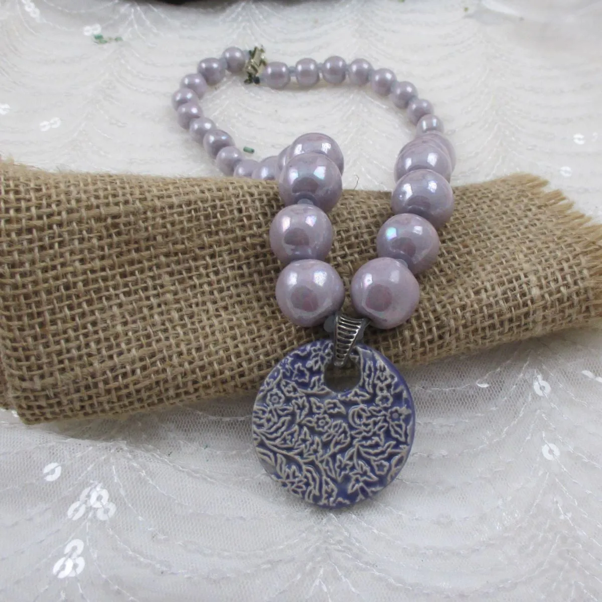 Lilac Bead  Necklace with Handmade Fair Trade Swazi Pendant