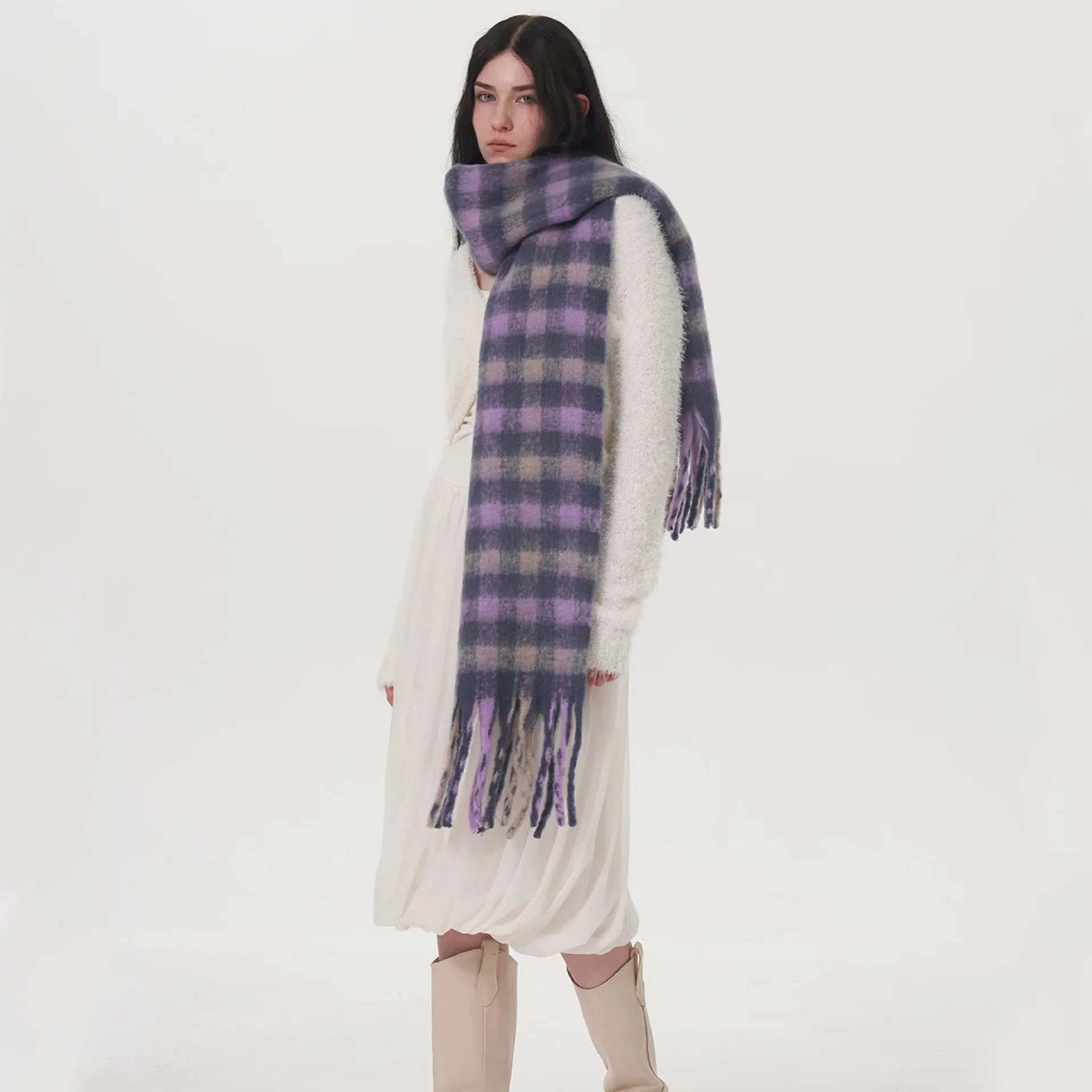 New Winter Warm Cashmere Fashion Purple Gray Gradient Plaid Scarf