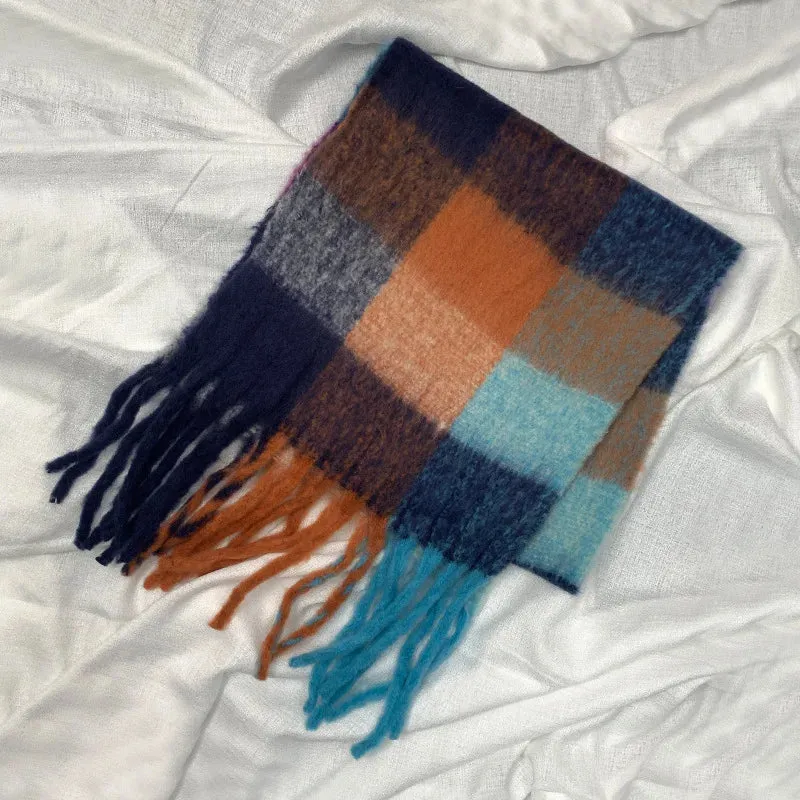 New Winter Warm Plaid Tassel Rainbow Faux Cashmere Long Muffler Scarf