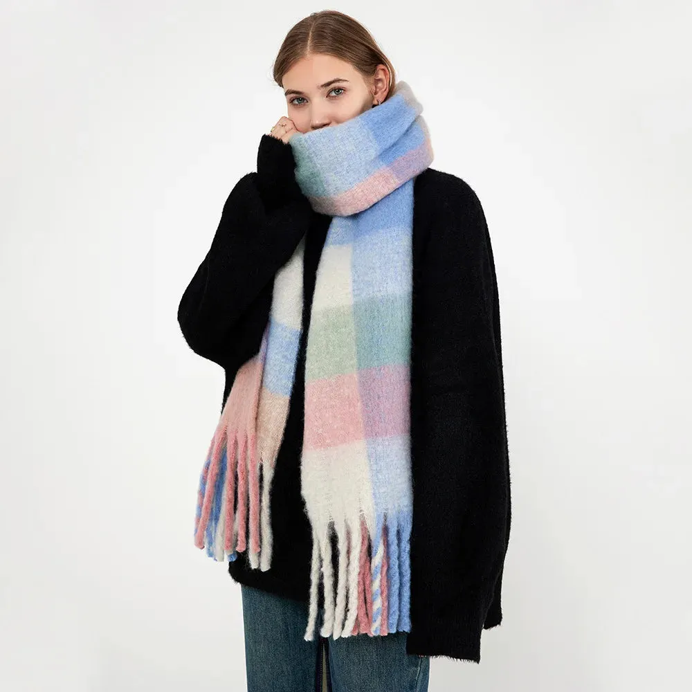 New Winter Warm Plaid Tassel Rainbow Faux Cashmere Long Muffler Scarf